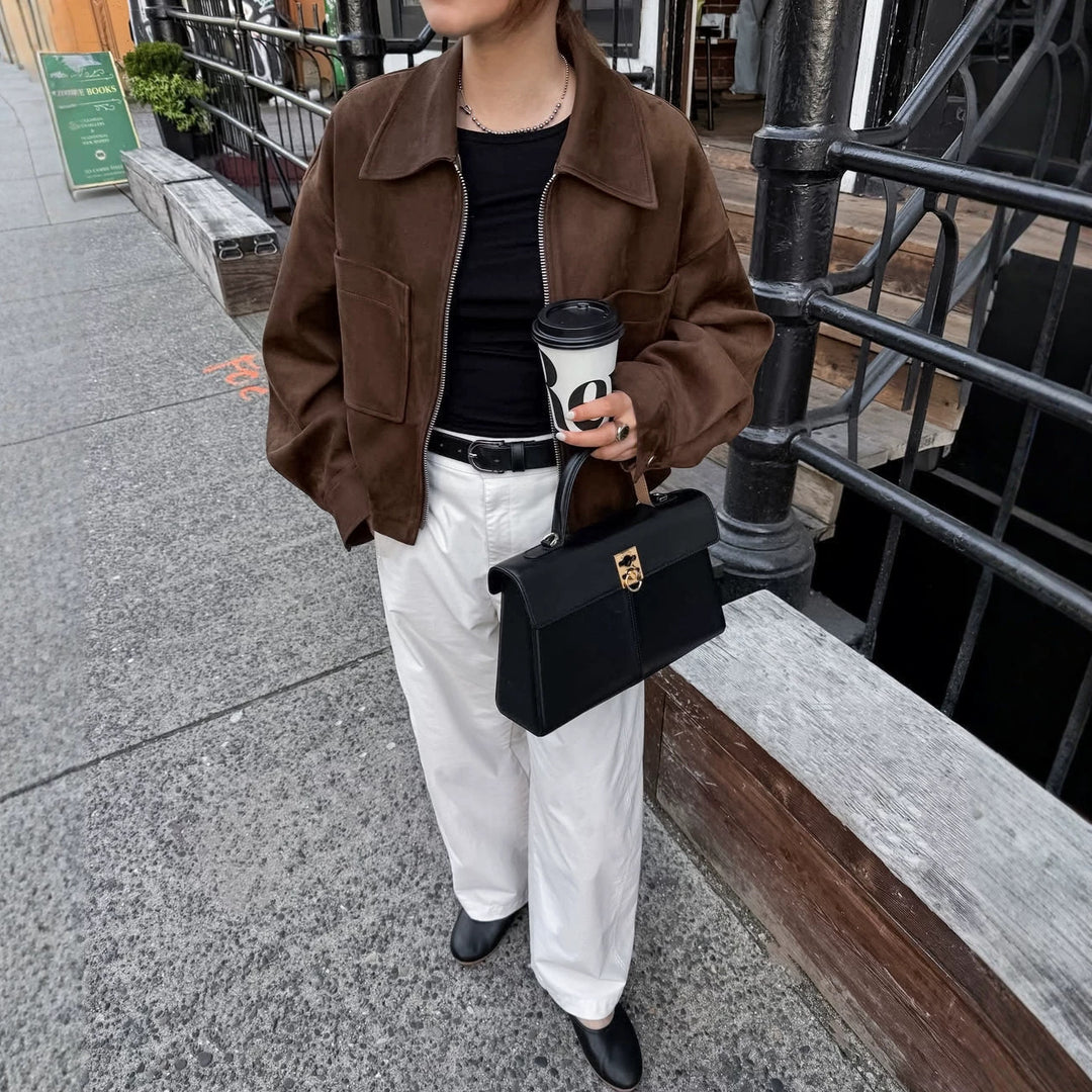 Damen Kurz geschnittene Velours-Workerjacke mit Reißverschluss und aufgesetzten Taschen Shop Nory