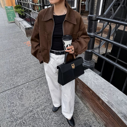 Damen Kurz geschnittene Velours-Workerjacke mit Reißverschluss und aufgesetzten Taschen Shop Nory