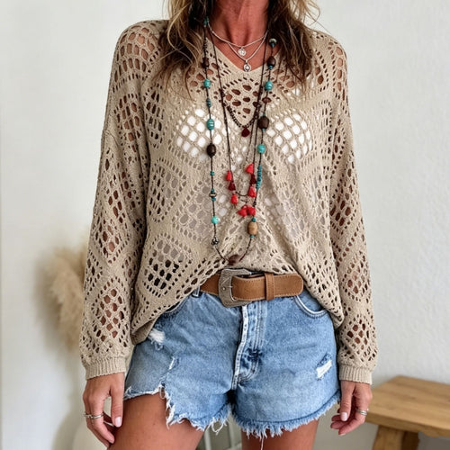 Damen Grobstrick-Häkelpullover mit offenen Maschen und V‑Ausschnitt Shop Nory