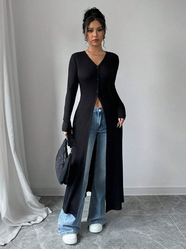 Damen Langstrickjacke mit V-Ausschnitt und Knopfverschluss
