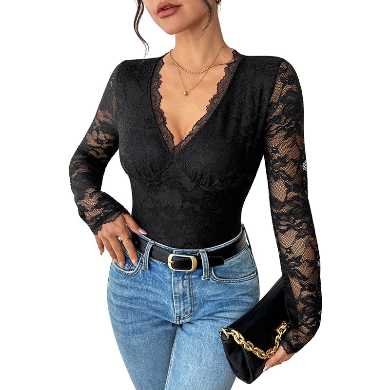 Damen Eleganter Spitzen-Body mit Korsett-Teilung und langen Transparentärmeln Shop Nory