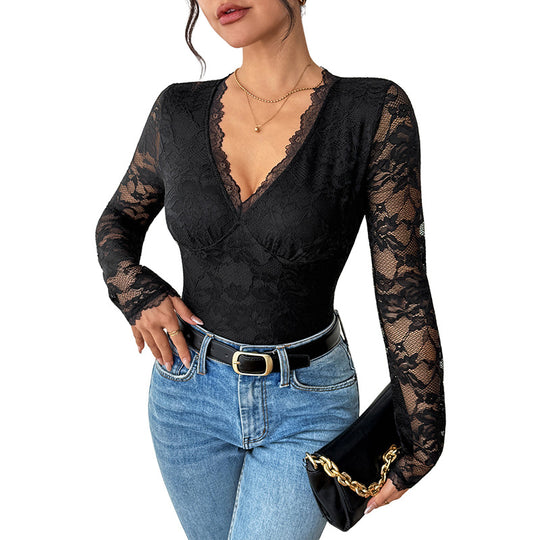 Damen Eleganter Spitzen-Body mit Korsett-Teilung und langen Transparentärmeln Shop Nory