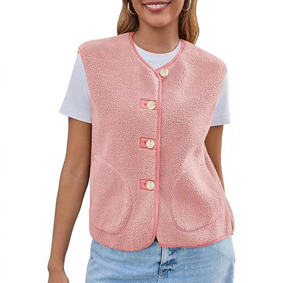 Damen Teddy-Fleeceweste mit Knopfleiste und Eingrifftaschen Shop Nory