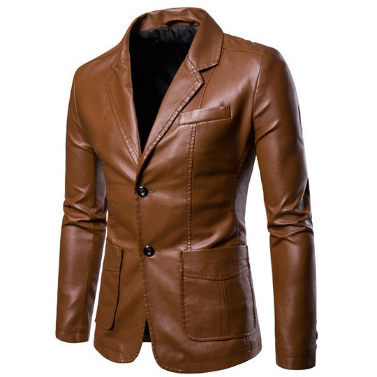 Herren Slim-Fit Kunstleder-Blazer mit Revers, Knopfleiste und aufgesetzten Taschen Shop Nory