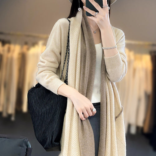 Damen Langer offener Cardigan in Kaschmir‑Look mit Schalkragen und Eingriffstaschen Shop Nory
