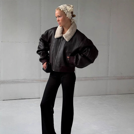 Damen Oversized Fliegerjacke im Biker-Bomber-Stil mit Teddykragen Shop Nory