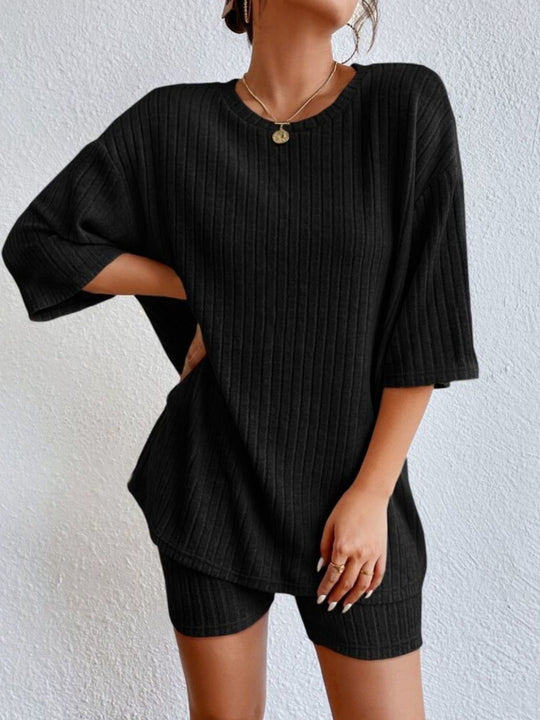 Damen Lässiges Rippstrick-Lounge-Set mit Oversize-Kurzarmoberteil und High-Waist-Biker-Shorts Shop Nory