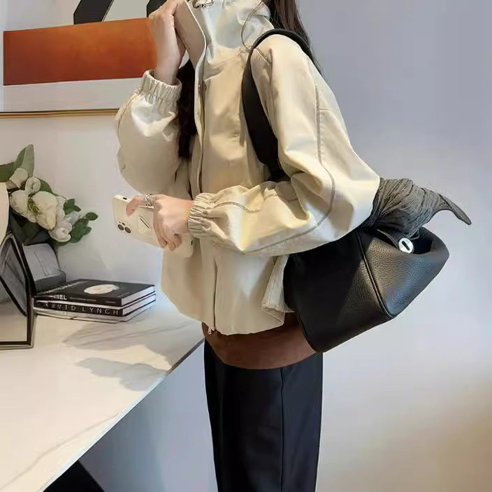 Damen Modische Übergangsjacke mit hohem Kragen und Druckknopfverschlüssen Shop Nory