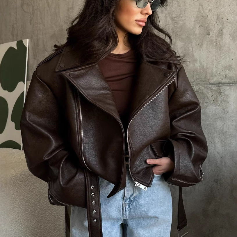 Damen Übergröße Kunstlederjacke im lässigen Stil