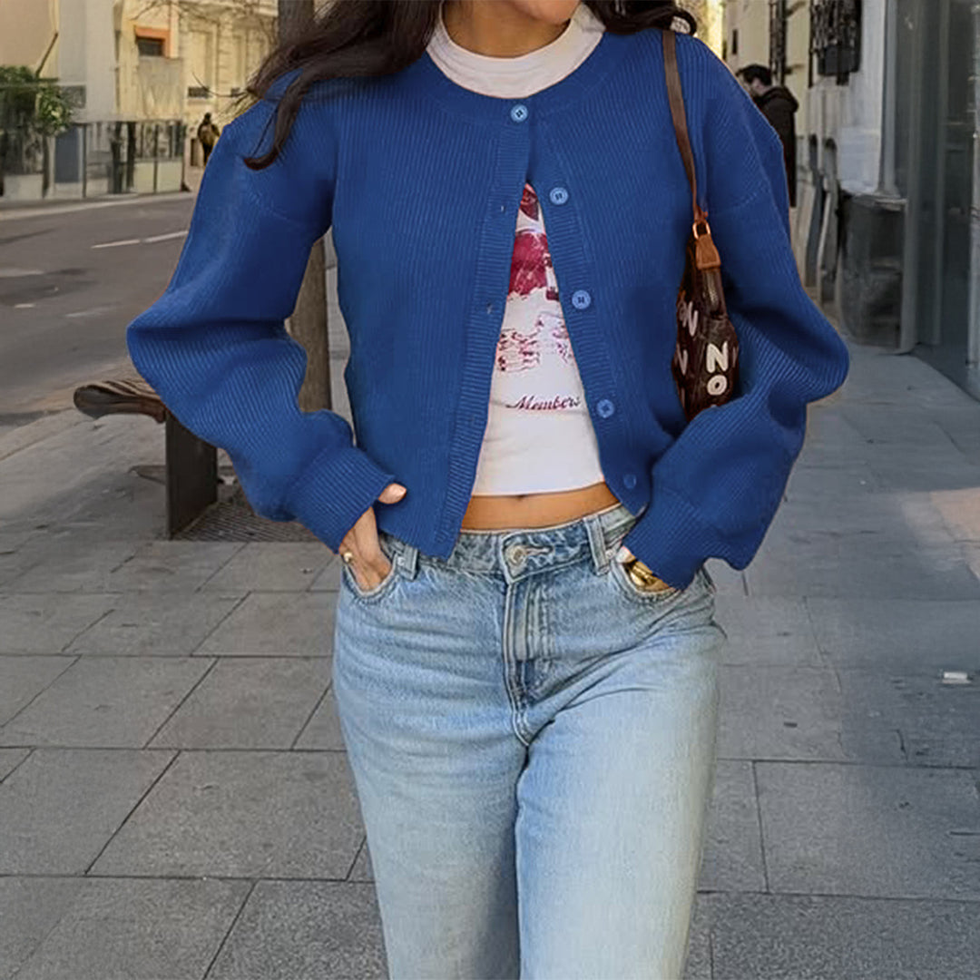 Damen nan kurzes Rippstrick-Cardigan mit Rundhalsausschnitt, ballonärmel und markanter Knopfleiste Shop Nory