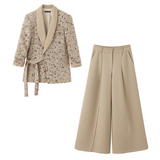 Damen Tweed-Blazer mit Schalkragen, Bindegürtel und weitem Palazzo-Hosen-Set Shop Nory