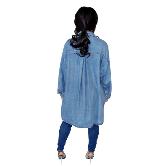 Damen Oversized Denim-Hemdjacke mit Pattentaschen und verlängertem Schnitt Shop Nory