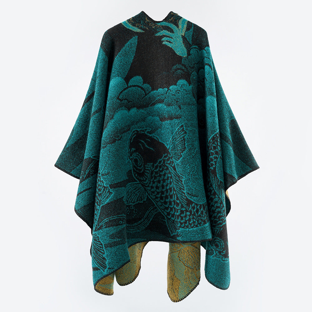 Damen Jacquard-Poncho mit Fischmotiv und offenem Oversize-Schnitt Shop Nory