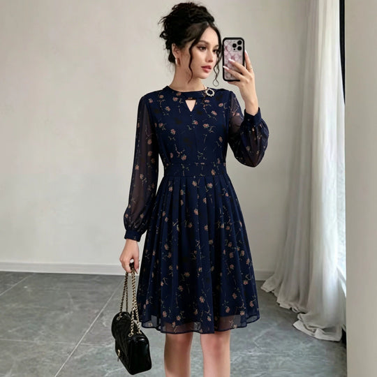 Damen Chiffon-Midikleid mit plissiertem Rock, transparenten Ärmeln und Zierbrosche Shop Nory