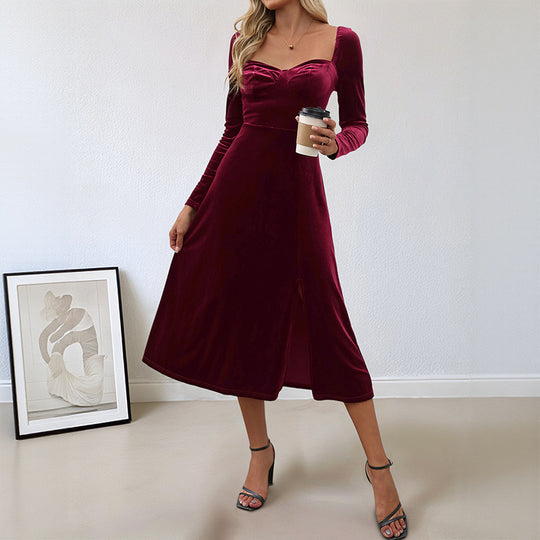 Damen Samt-Midikleid mit herzförmigem Ausschnitt, taillierter Silhouette und Langarm Shop Nory