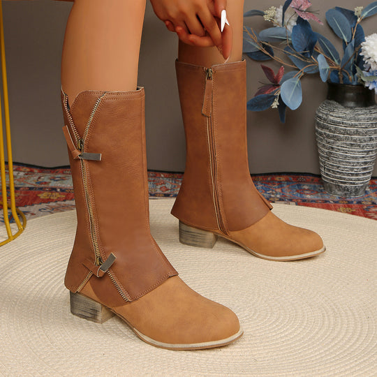 Damen Reißverschluss-Midcalf-Stiefel mit dekorativem Außenreißverschluss und mittlerem Blockabsatz Shop Nory