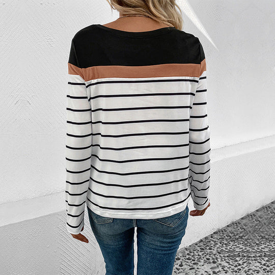 Damen Gestreiftes Langarmshirt mit Colorblock-Detail und Rundhalsausschnitt Shop Nory