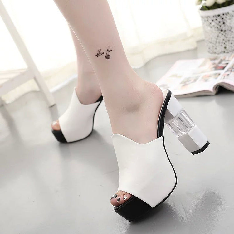 Damen hochwertige Plateau-Mules mit transparentem Blockabsatz Shopnory