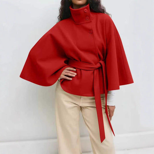 Damen Weit geschnittener Cape-Mantel mit hohem Stehkragen, Knopfleiste und Bindegürtel Shop Nory