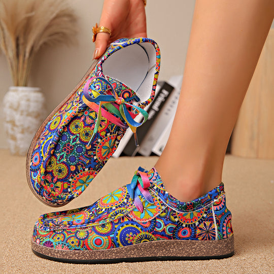 Damen Bequeme Plateau-Slipper im Ethno‑Print mit Korkoptik‑Sohle Shop Nory