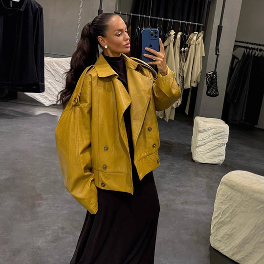 Damen Oversize Lederjacke mit voluminösen Ballonärmeln und kurzer Boxy-Silhouette Shop Nory
