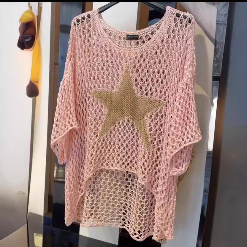 Damen nan oversized gehäkelter Pullover mit Sternapplikation und 3/4-Ärmeln Shop Nory