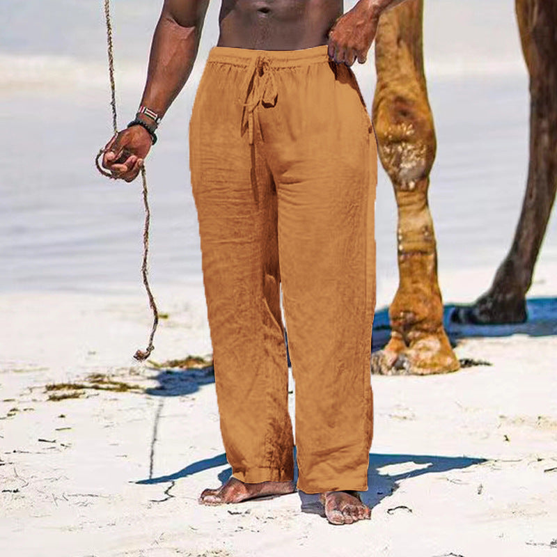 Herren lässige Strandhose aus leichtem Leinenstoff mit elastischem Bund und Kordelzug