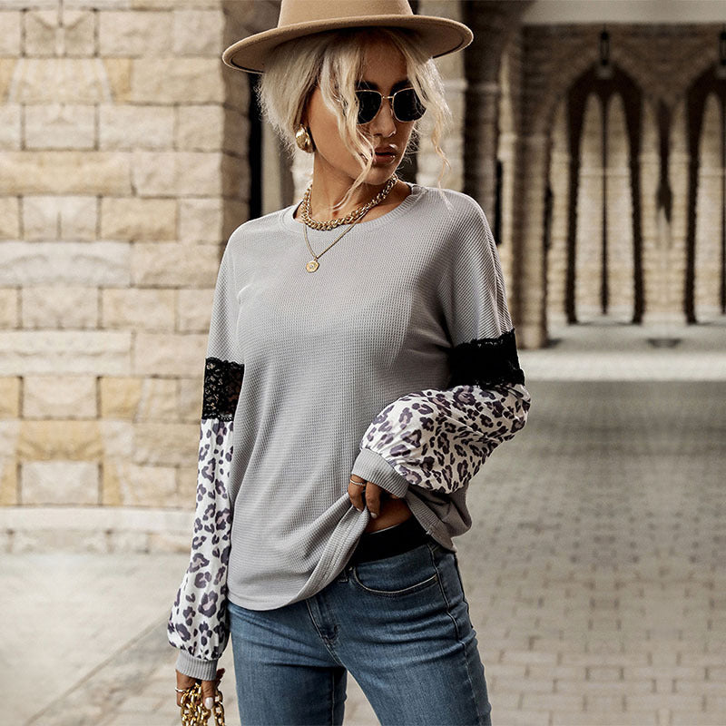 Damen Langarmshirt mit Leopardenärmeln und Spitzenbesatz Shop Nory