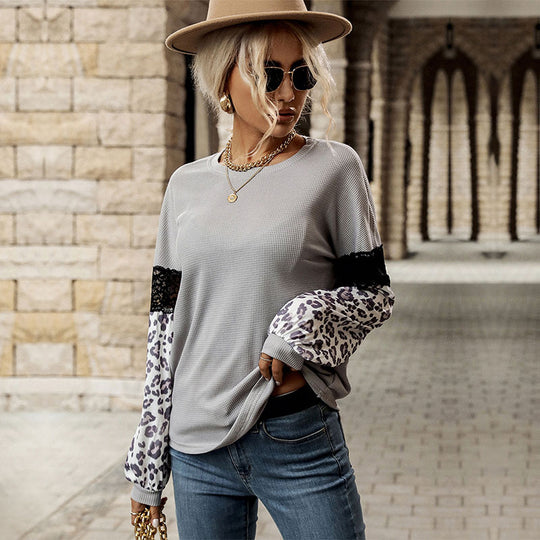 Damen Langarmshirt mit Leopardenärmeln und Spitzenbesatz Shop Nory