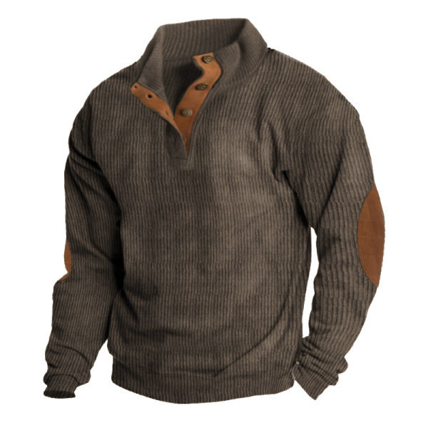 Herren Rippstrickpullover mit Stehkragen, Knopfleiste und Ellbogenpatches EB