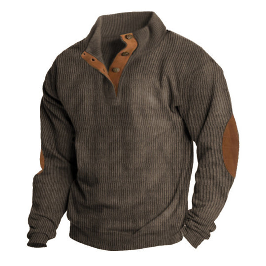 Herren Rippstrickpullover mit Stehkragen, Knopfleiste und Ellbogenpatches EB