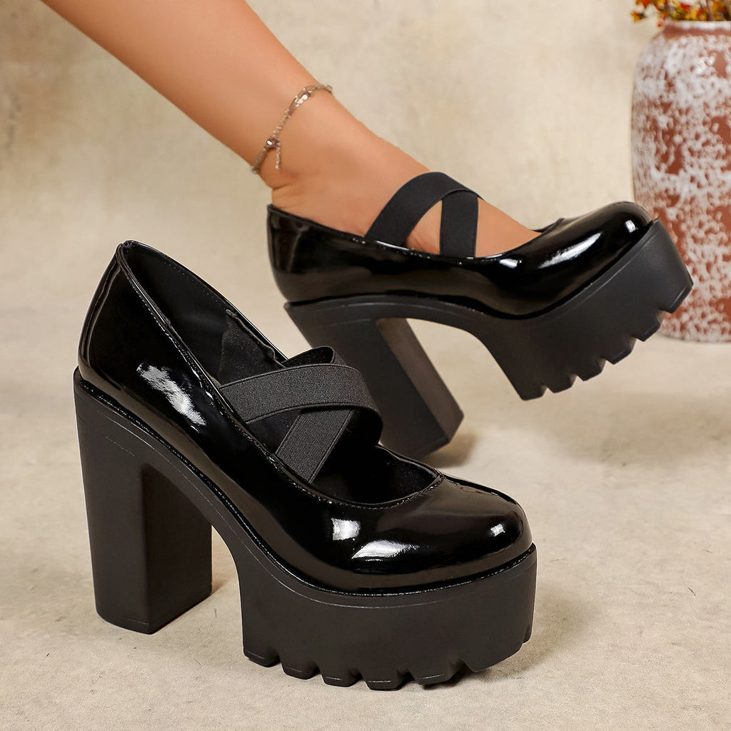 Damen Plateau-Pumps mit elastischem Riemchen und hohem Blockabsatz Shopnory