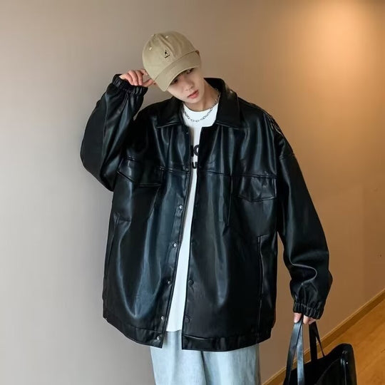 Herren Oversized PU-Leder-Shacket mit Pattentaschen und elastischen Bündchen Shop Nory
