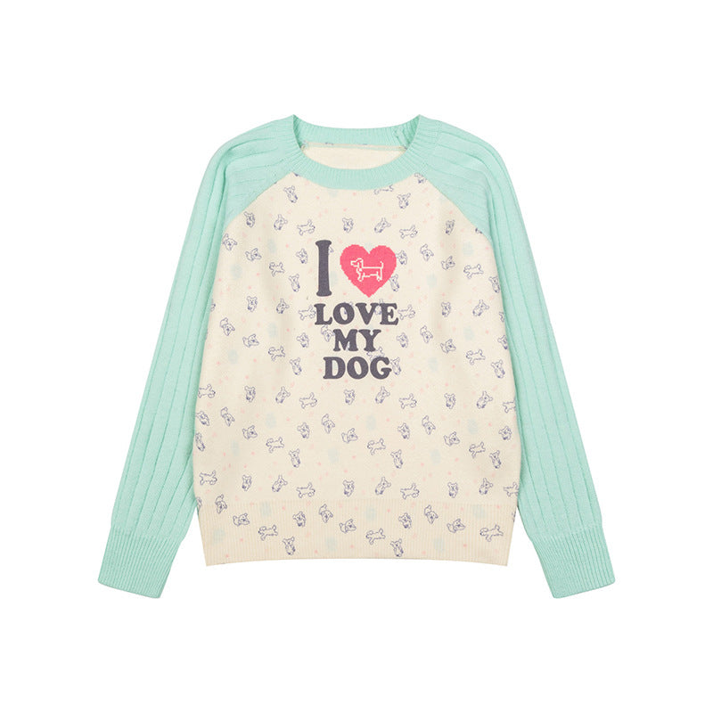 Damen Gestrickter Raglanpullover mit Herz‑Hundemotiv, Rippärmeln und Allover-Print Shop Nory