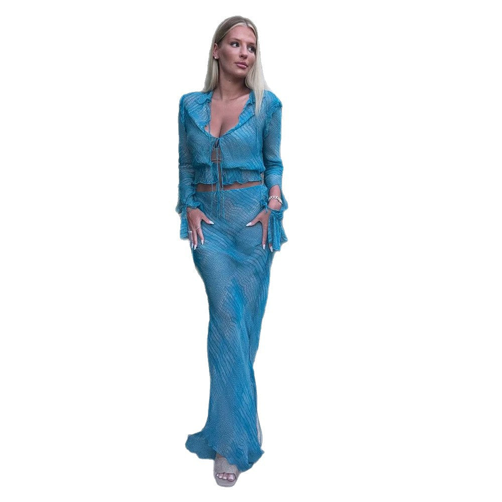 Damen Transparente Mesh-Cropped-Bluse mit Bindung und Schlauch-Maxirock Shop Nory