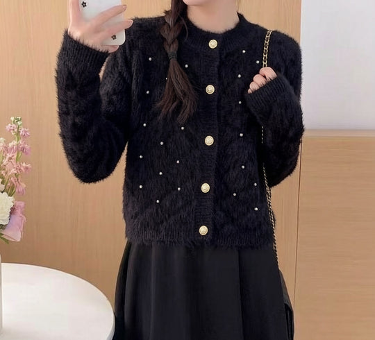Damen Flauschiger Strickcardigan mit Perlen Shop Nory