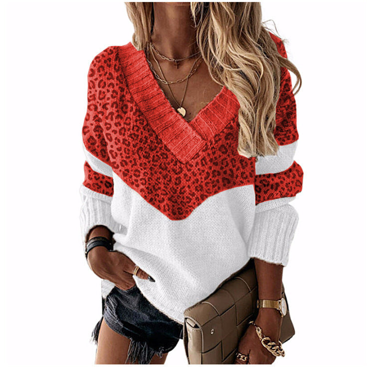 Damen V‑Ausschnitt Strickpullover mit Leo‑Print und Colorblock‑Design Shop Nory