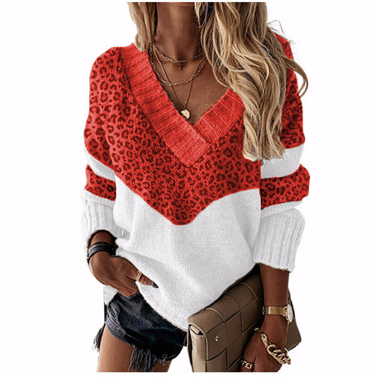 Damen V‑Ausschnitt Strickpullover mit Leo‑Print und Colorblock‑Design Shop Nory