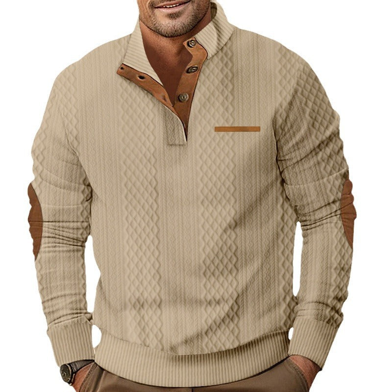 Herren nan strukturierter Stehkragen-Pullover mit halber Knopfleiste und Ellbogen-Patches Shop Nory