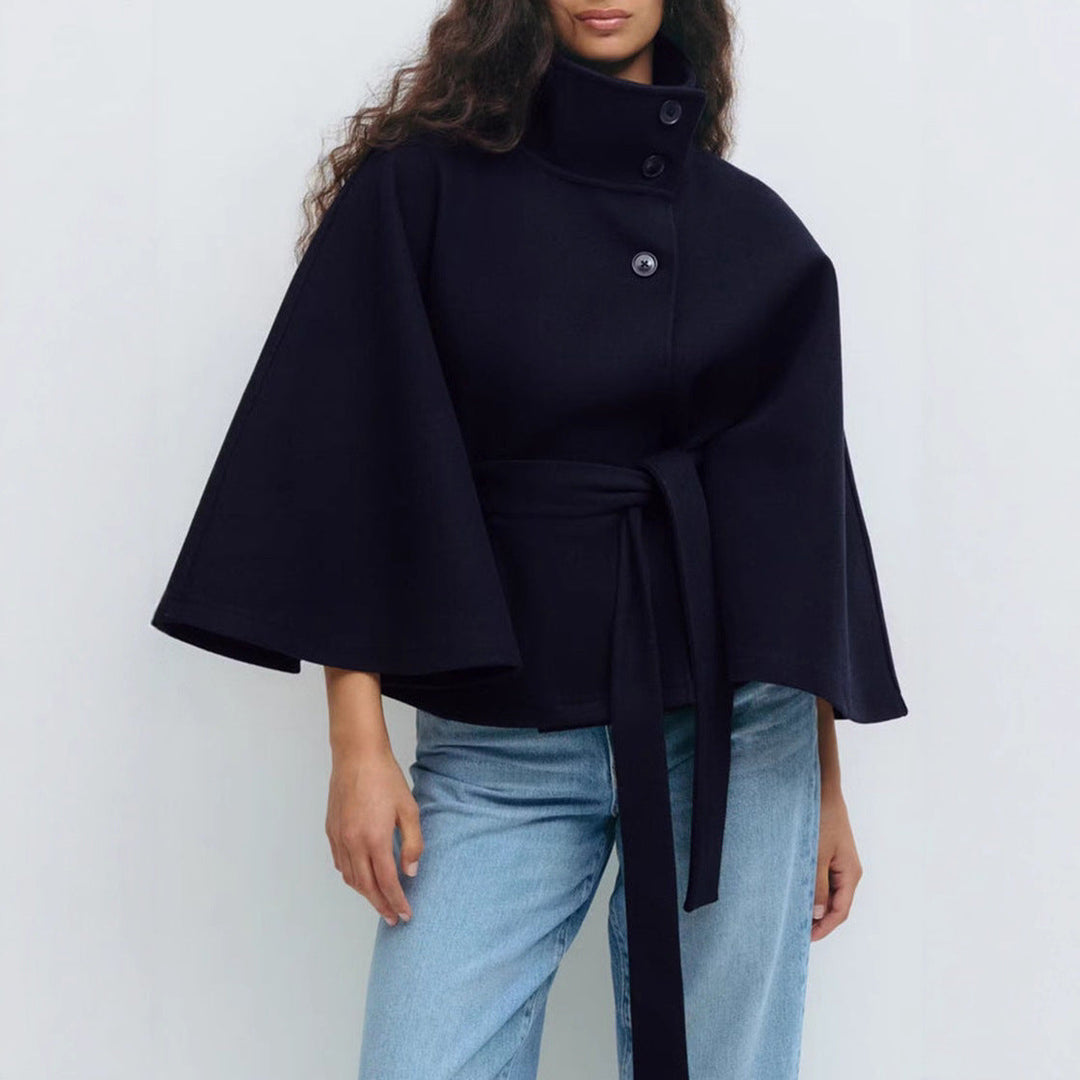 Damen modische Wolljacke mit hohem Kragen und Gürtel