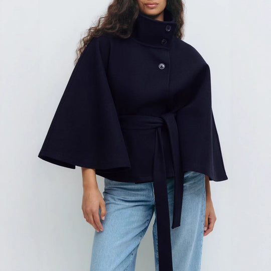 Damen modische Wolljacke mit hohem Kragen und Gürtel