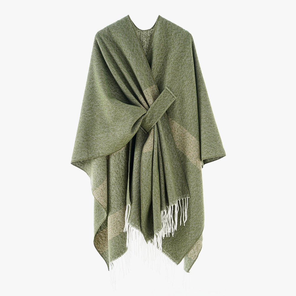 Damen Wollmix-Capeponcho mit Bindeschlaufen, weichgewebtem Oversize-Überwurf und Fransensaum Shop Nory