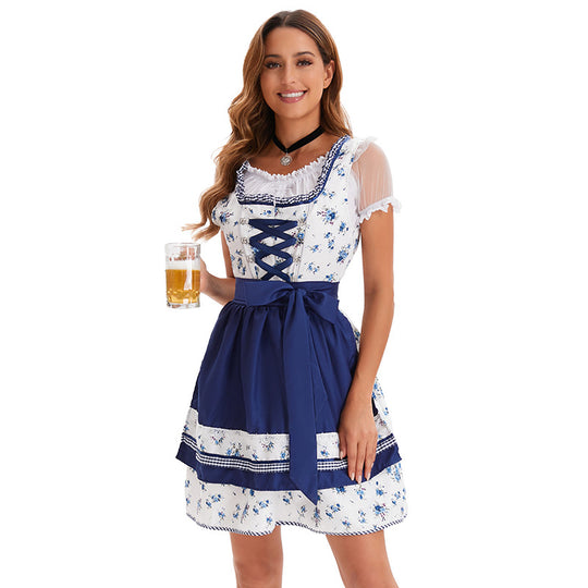 Damen nan kurzes Trachtenkleid im bayerischen Stil mit geschnürtem Mieder, Spitzenkragen und Schürzenrock Shop Nory