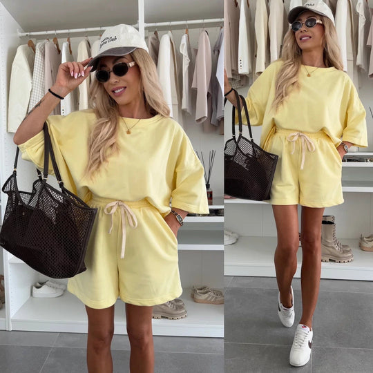 Damen lässiges Kurzarm Set aus Oversized Oberteil und Shorts Shopnory
