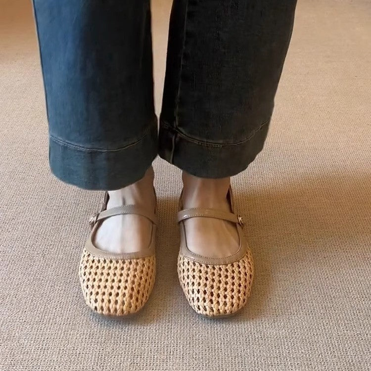 Damen atmungsaktive Kunstleder-Ballerinas mit geflochtenem Design