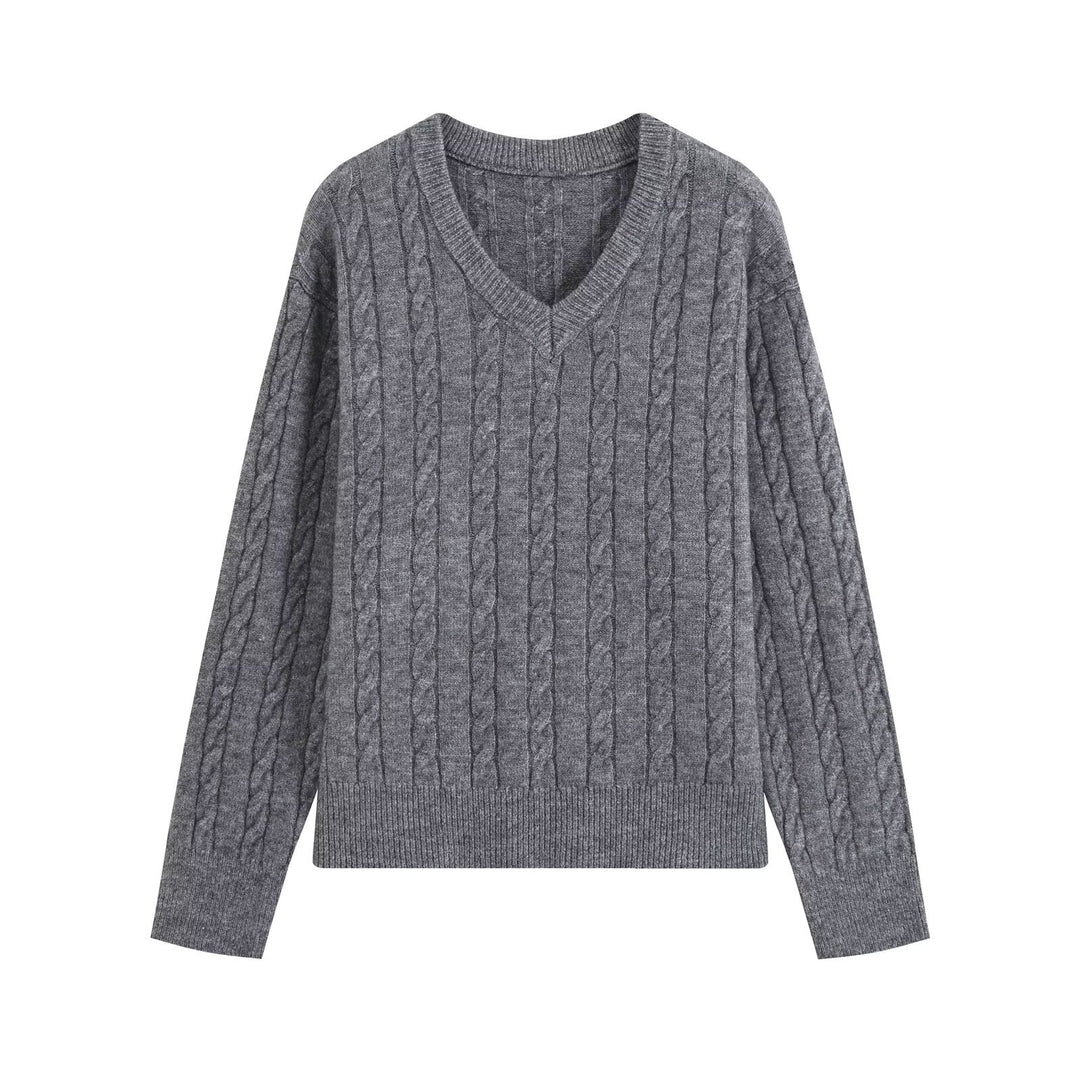 Damen Oversize Zopfmuster-Pullover mit V-Ausschnitt und breitem Rippbündchen Shop Nory