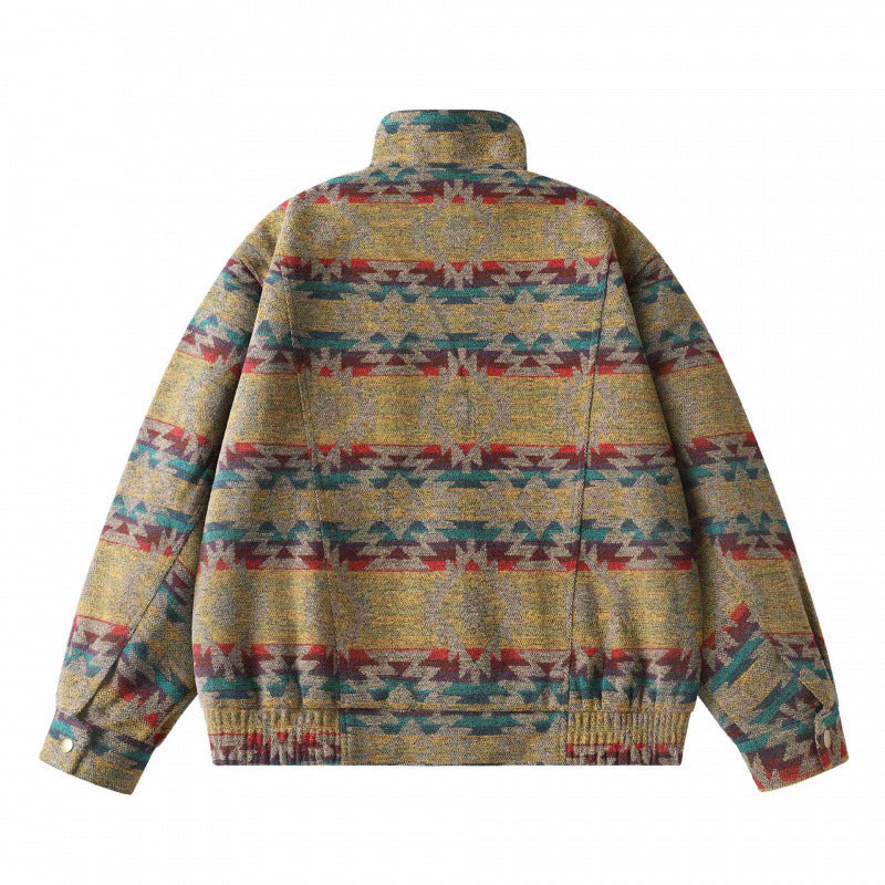 Unisex Kastenförmige Jacquard-Wolljacke im Bomberstil mit Stehkragen, Pattentaschen und elastischem Saum Shop Nory