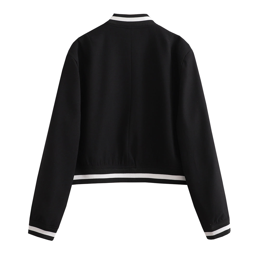 Damen Kurz geschnittene Collegejacke mit Rippbündchen und Druckknöpfen Shop Nory