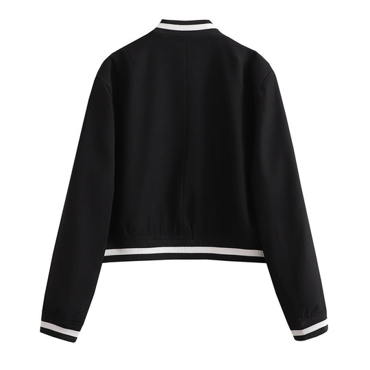Damen Kurz geschnittene Collegejacke mit Rippbündchen und Druckknöpfen Shop Nory