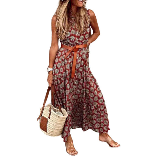 Damen Bohemian Maxi Kleid mit verstellbarem Gürtel
